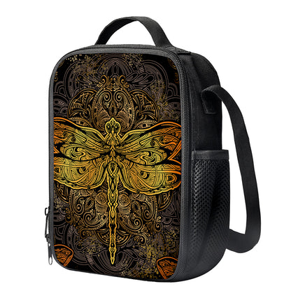 Gold Boho Dragonfly Print Crossbody Lunch Bag