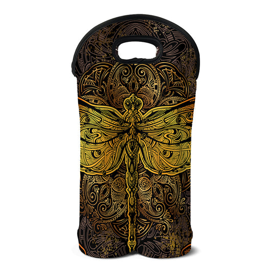 Gold Boho Dragonfly Print Double Neoprene Wine Tote