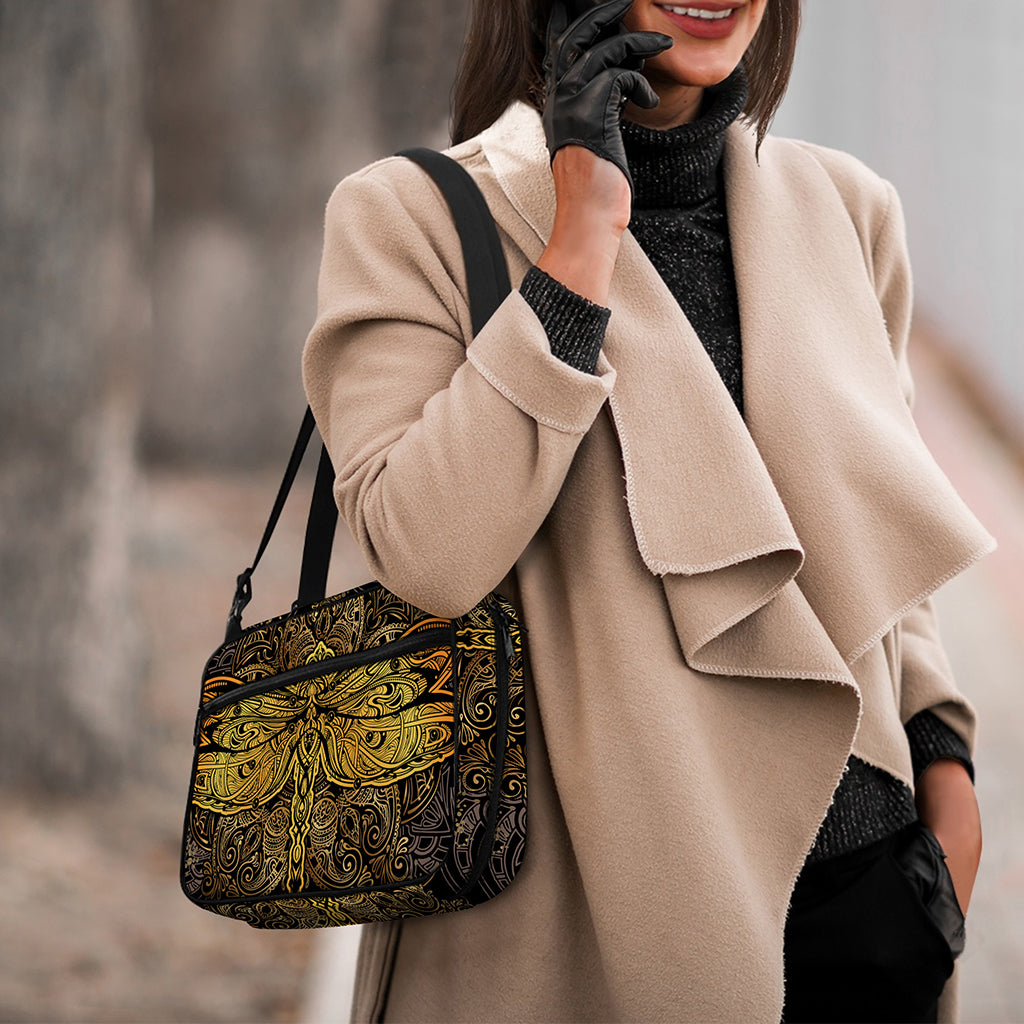 Gold Boho Dragonfly Print Double Strap Bible Bag