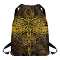 Gold Boho Dragonfly Print Drawstring Backpack