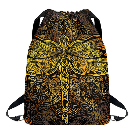 Gold Boho Dragonfly Print Drawstring Backpack