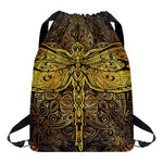 Gold Boho Dragonfly Print Drawstring Backpack