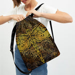 Gold Boho Dragonfly Print Drawstring Backpack
