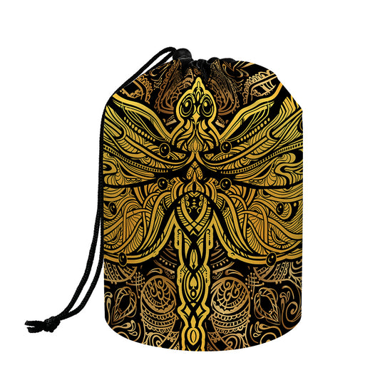Gold Boho Dragonfly Print Drawstring Makeup Bag