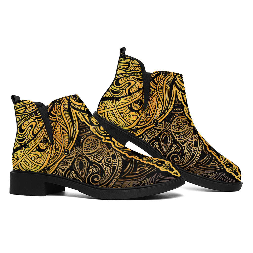 Gold Boho Dragonfly Print Flat Ankle Boots