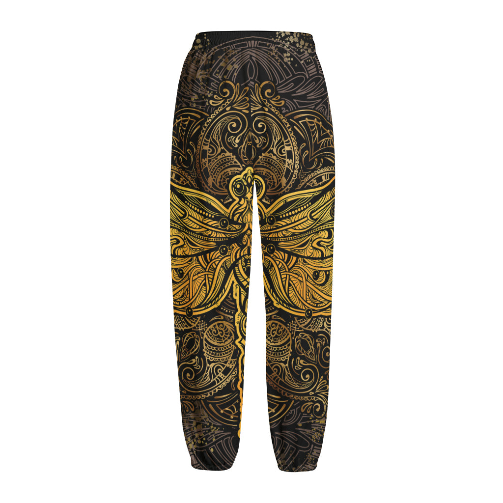 Gold Boho Dragonfly Print Fleece Lined Knit Pants
