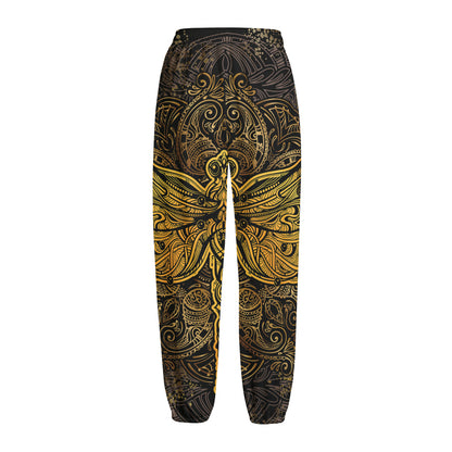 Gold Boho Dragonfly Print Fleece Lined Knit Pants