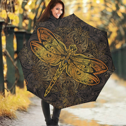 Gold Boho Dragonfly Print Foldable Umbrella