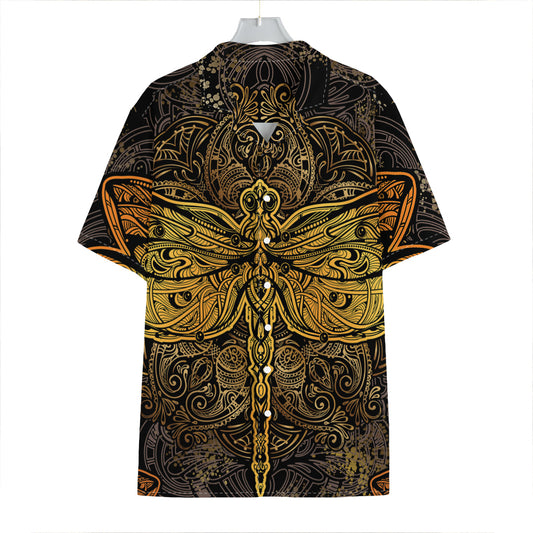 Gold Boho Dragonfly Print Hawaiian Shirt