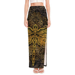 Gold Boho Dragonfly Print High Slit Maxi Skirt