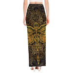 Gold Boho Dragonfly Print High Slit Maxi Skirt