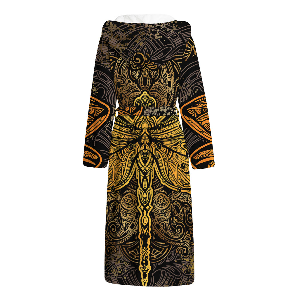 Gold Boho Dragonfly Print Hooded Bathrobe