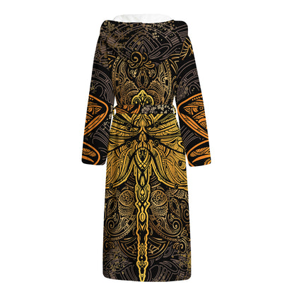 Gold Boho Dragonfly Print Hooded Bathrobe