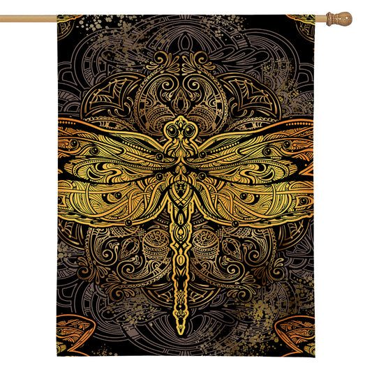 Gold Boho Dragonfly Print House Flag