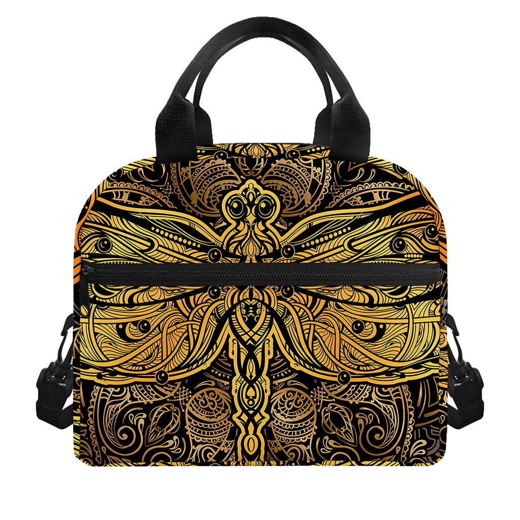 Gold Boho Dragonfly Print Insulated Lunch Bag