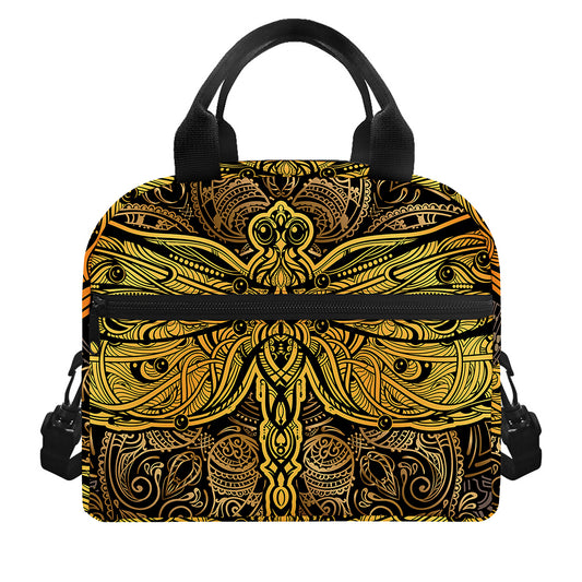 Gold Boho Dragonfly Print Insulated Lunch Bag
