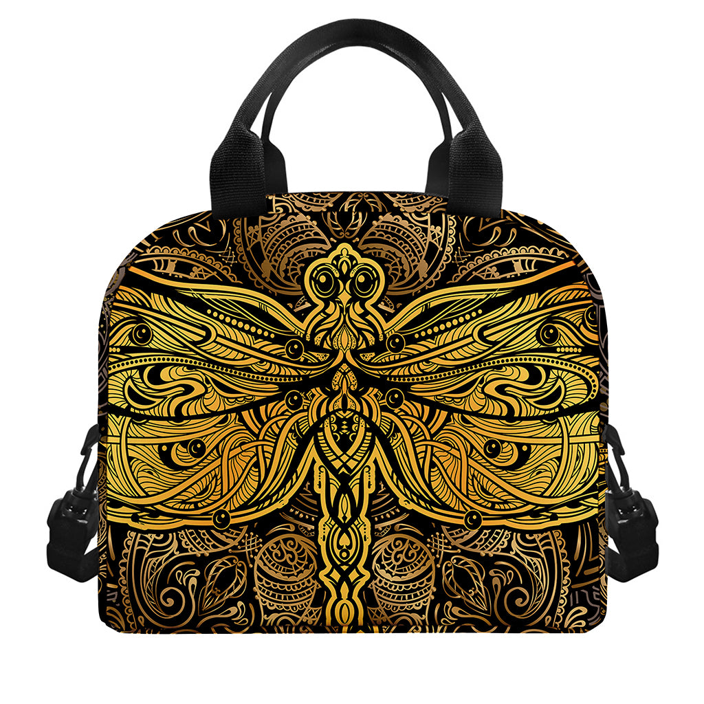 Gold Boho Dragonfly Print Insulated Lunch Bag