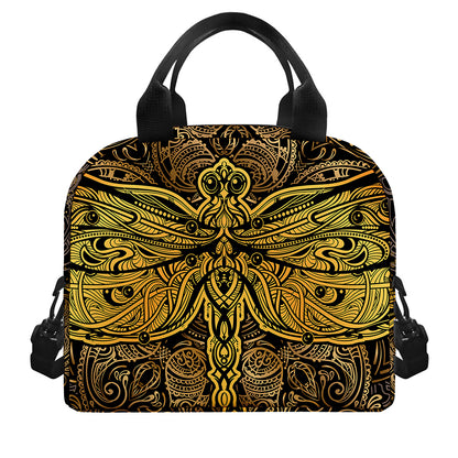 Gold Boho Dragonfly Print Insulated Lunch Bag