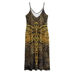 Gold Boho Dragonfly Print Jersey Midi Cami Dress