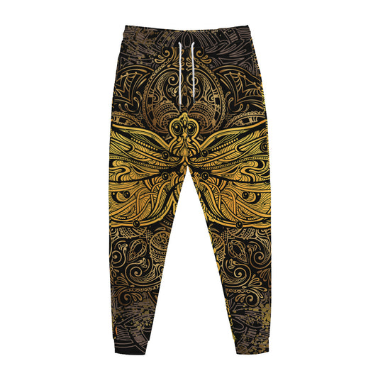 Gold Boho Dragonfly Print Jogger Pants
