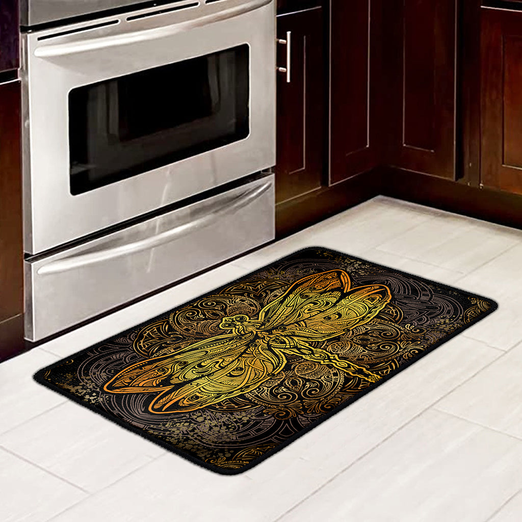 Gold Boho Dragonfly Print Kitchen Mat