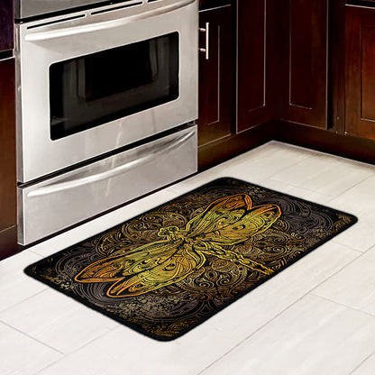Gold Boho Dragonfly Print Kitchen Mat