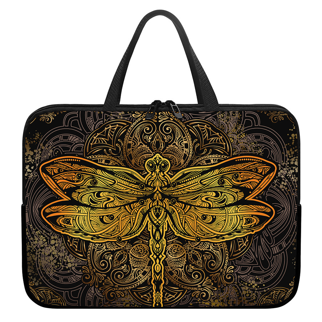 Gold Boho Dragonfly Print Laptop Sleeve With Handle