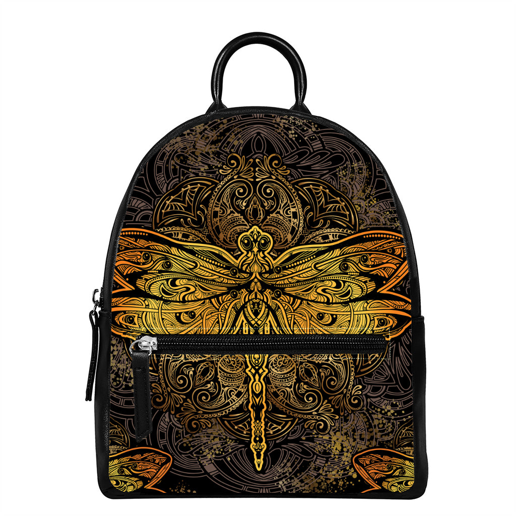 Gold Boho Dragonfly Print Leather Backpack