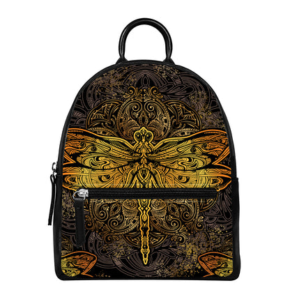 Gold Boho Dragonfly Print Leather Backpack