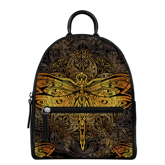 Gold Boho Dragonfly Print Leather Backpack