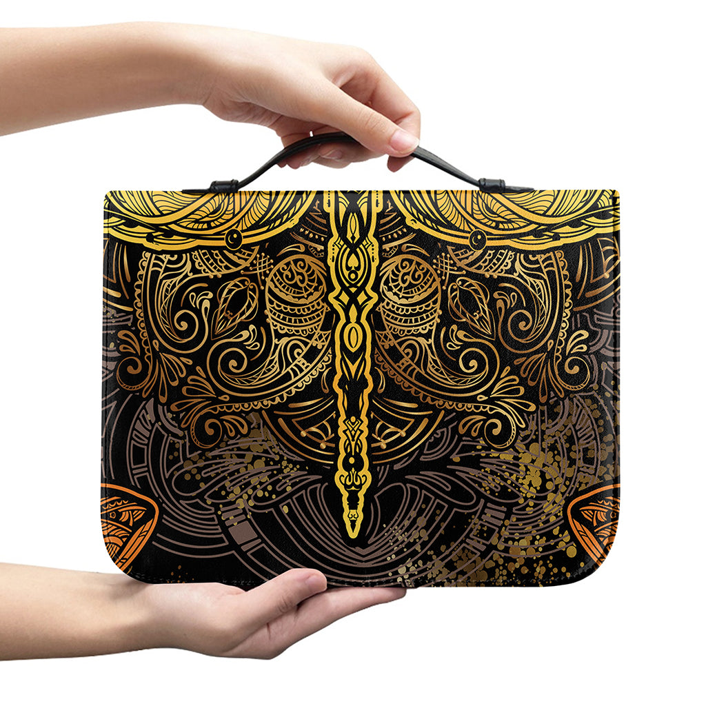 Gold Boho Dragonfly Print Leather Bible Cover