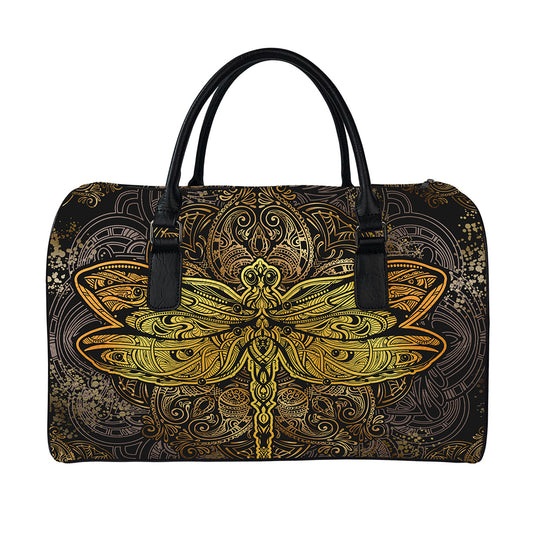 Gold Boho Dragonfly Print Leather Duffle Bag