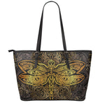 Gold Boho Dragonfly Print Leather Tote Bag