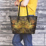 Gold Boho Dragonfly Print Leather Tote Bag