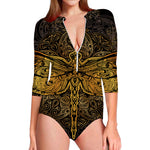 Gold Boho Dragonfly Print Long Sleeve Swimsuit