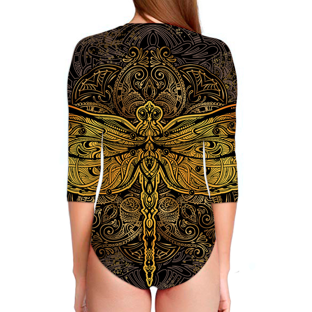 Gold Boho Dragonfly Print Long Sleeve Swimsuit