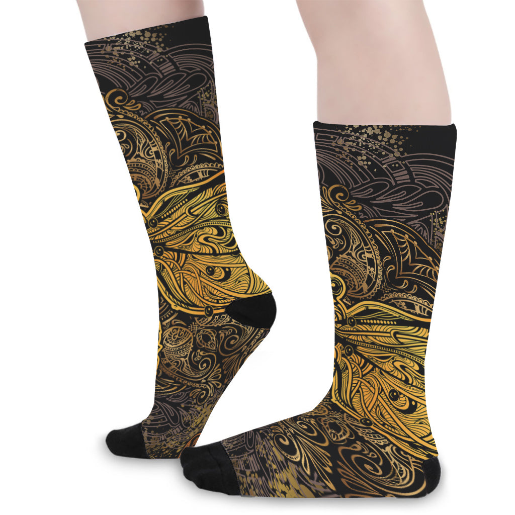 Gold Boho Dragonfly Print Long Socks
