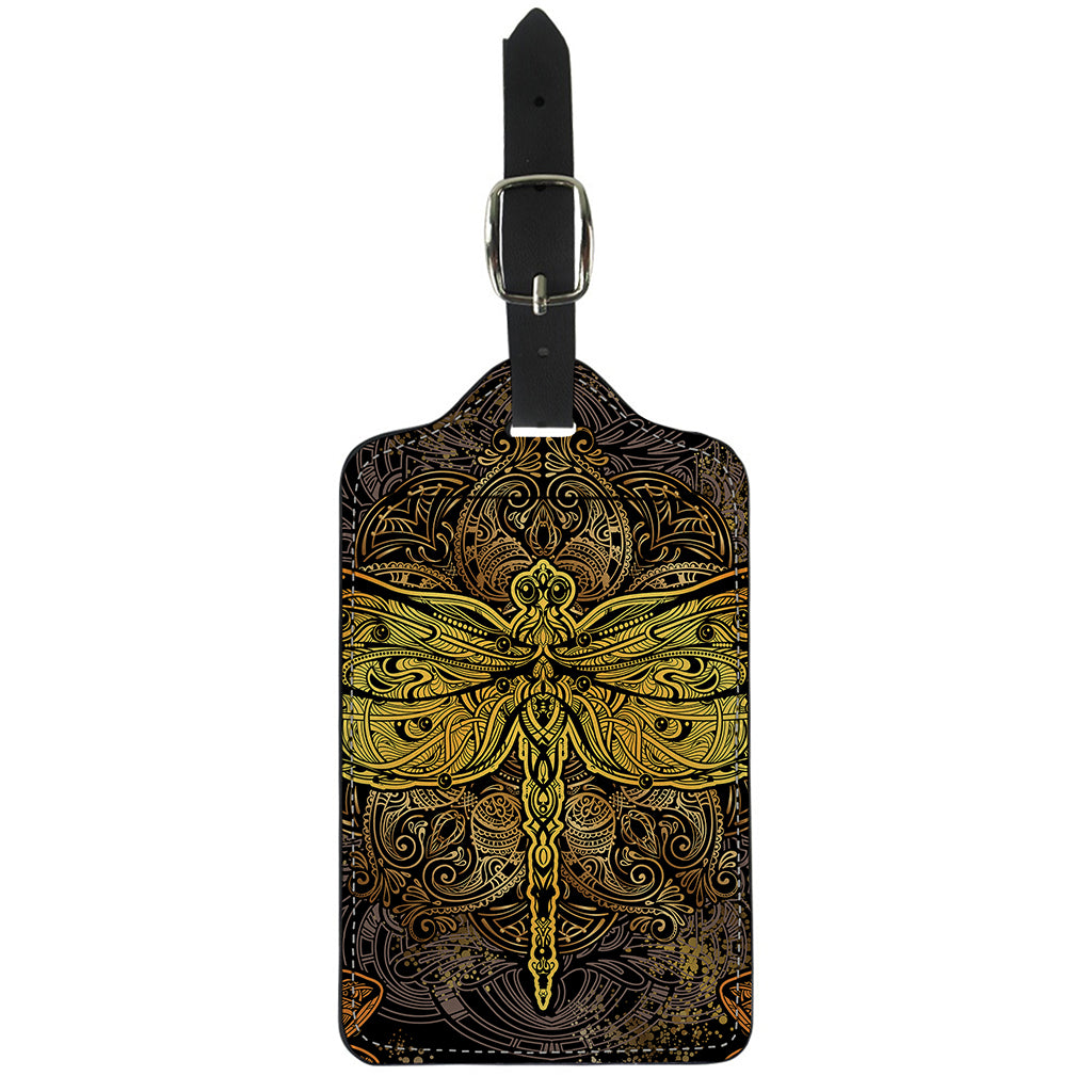 Gold Boho Dragonfly Print Luggage Tag