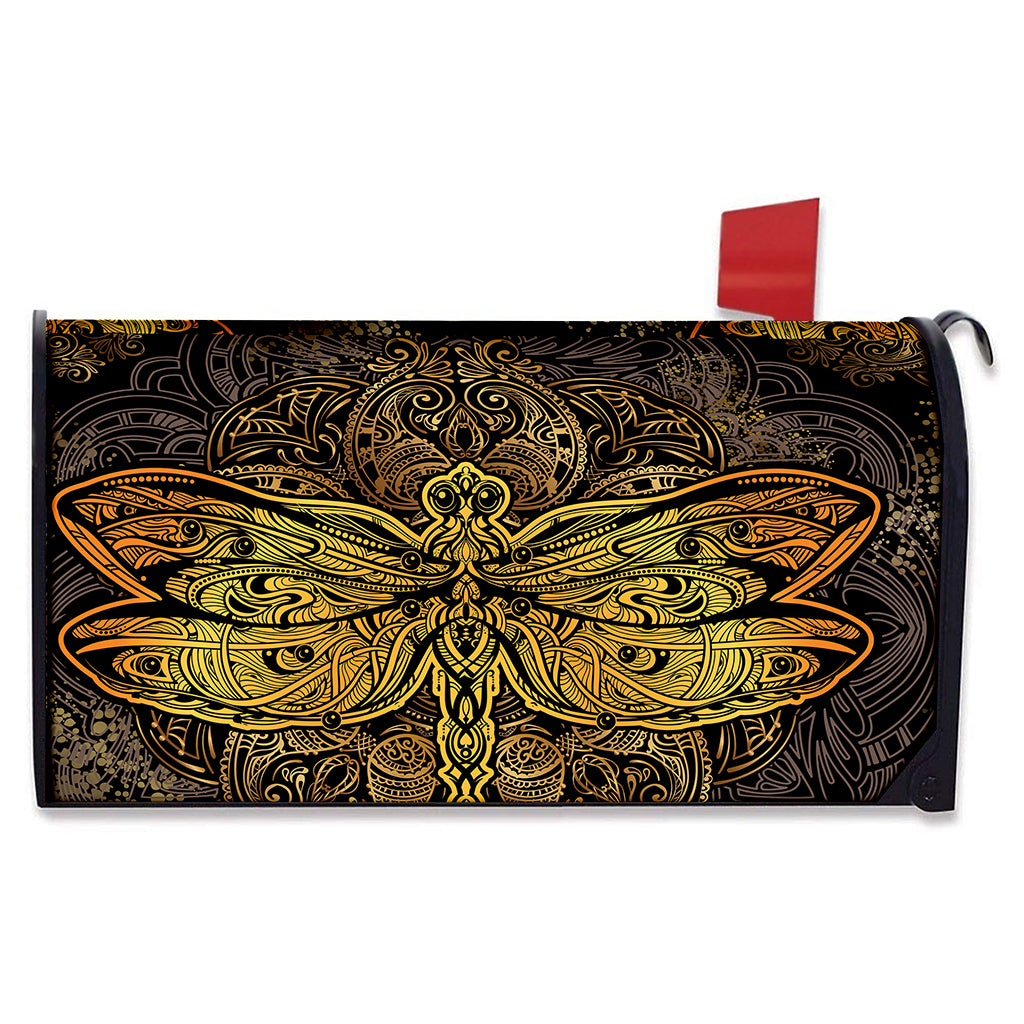 Gold Boho Dragonfly Print Mailbox Cover