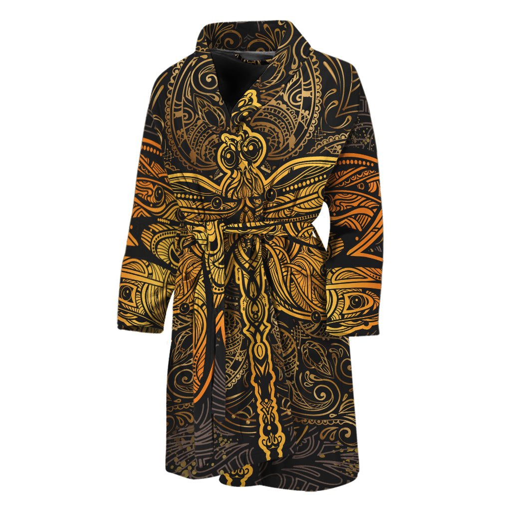 Gold Boho Dragonfly Print Men's Bathrobe