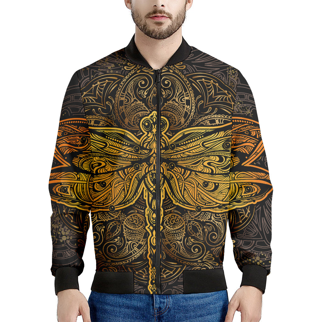 Gold Boho Dragonfly Print Men's Bomber Jacket