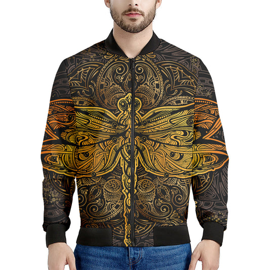 Gold Boho Dragonfly Print Men's Bomber Jacket