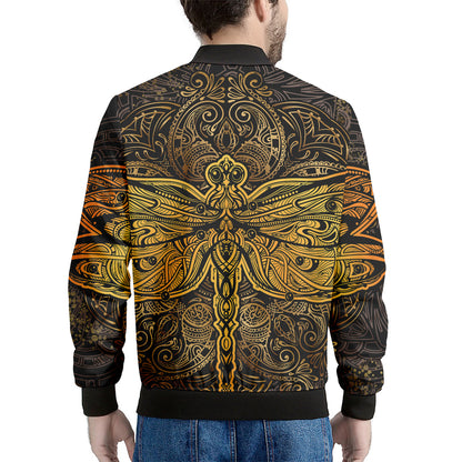 Gold Boho Dragonfly Print Men's Bomber Jacket