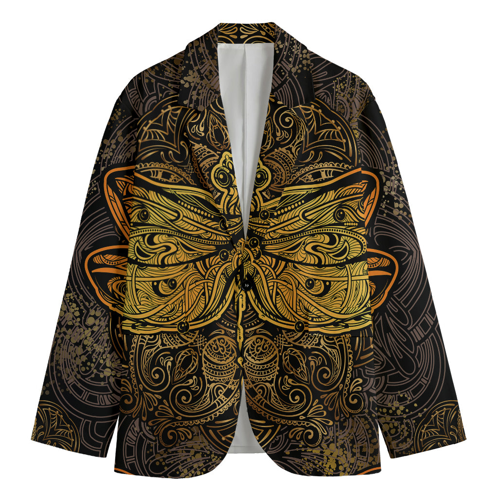 Gold Boho Dragonfly Print Men's Cotton Blazer