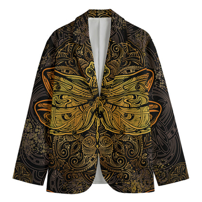 Gold Boho Dragonfly Print Men's Cotton Blazer