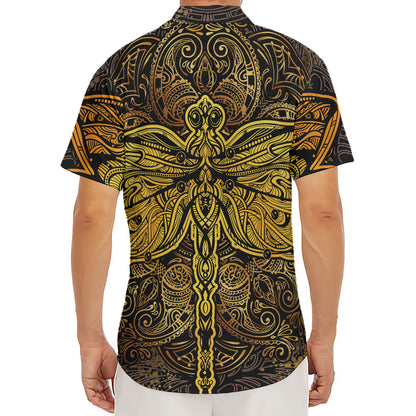 Gold Boho Dragonfly Print Men's Deep V-Neck Shirt