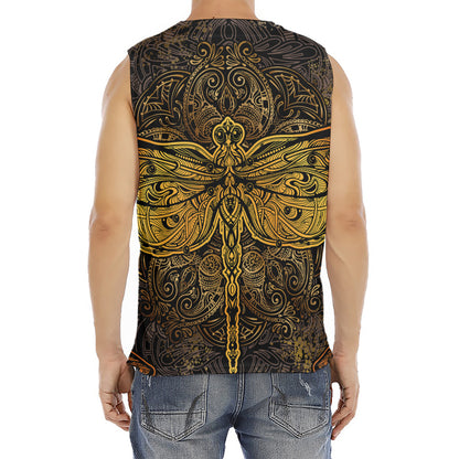 Gold Boho Dragonfly Print Men's Fitness Tank Top