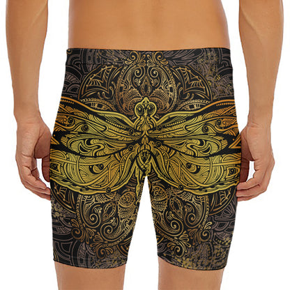 Gold Boho Dragonfly Print Men's Long Boxer Briefs