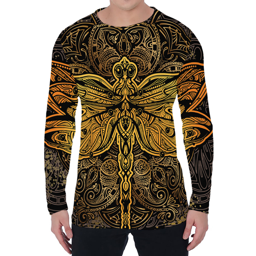 Gold Boho Dragonfly Print Men's Long Sleeve T-Shirt
