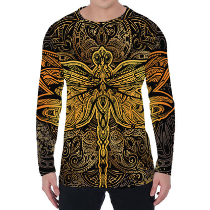 Gold Boho Dragonfly Print Men's Long Sleeve T-Shirt